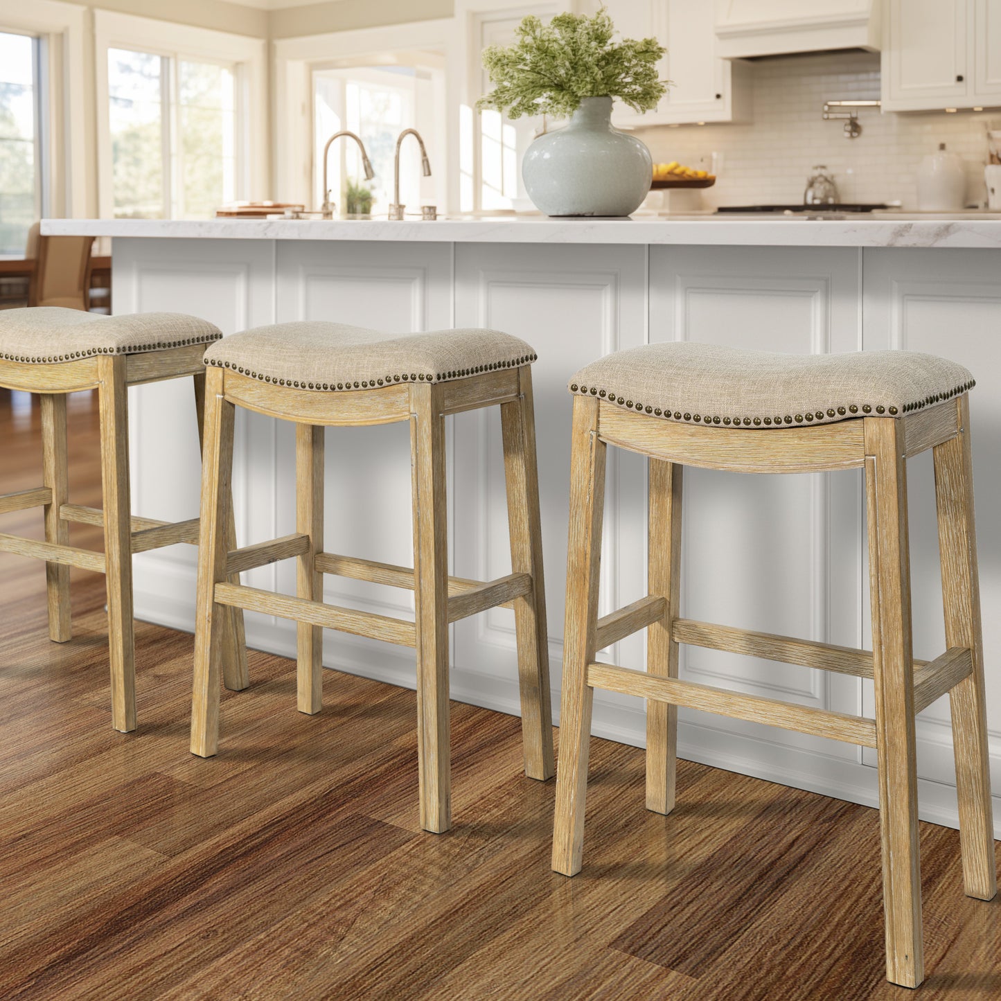 31" Linen and Natural Solid Wood Backless Bar Height Bar Chair - Loft&Timber