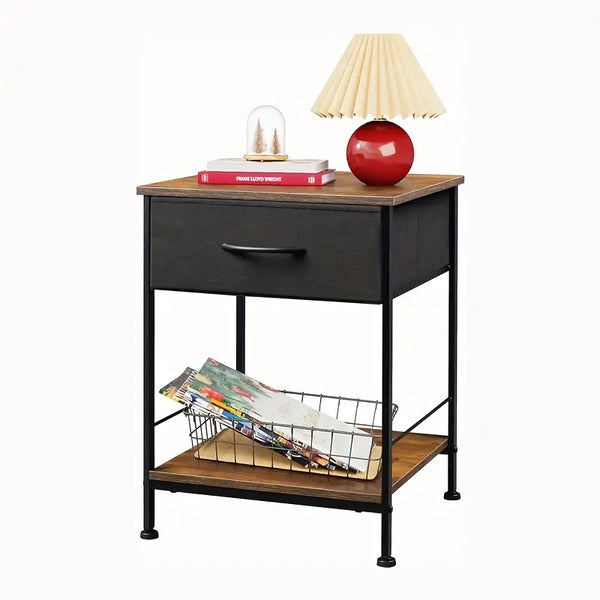 Rustic Black Metal Nightstand with Fabric Drawer-0