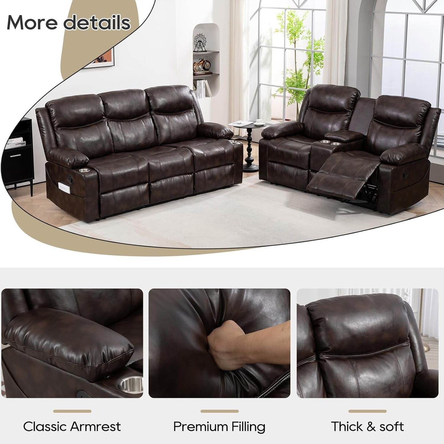 Recliner Sofa Set - Reclining Sofa Couch Set, 2 Pieces Recliner Furniture Sofa Set, 3-Seater Reclining Sofa & 2-Seater Reclining Loveseat with Massage & Heat for Living Room (Brown) - Loft&Timber
