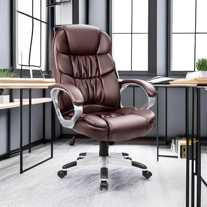 Office Chair with Swivel and Padded Armrests and Lumbar Support (Brown) - Loft&Timber