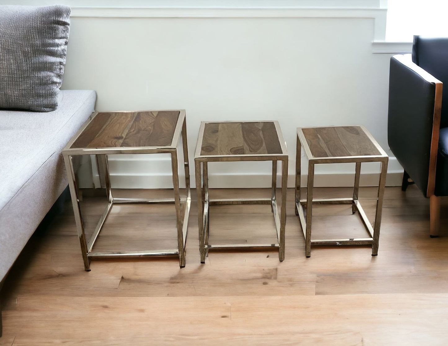 Set of Three 21" Silver And Brown Solid Wood Nested Tables - Loft&Timber