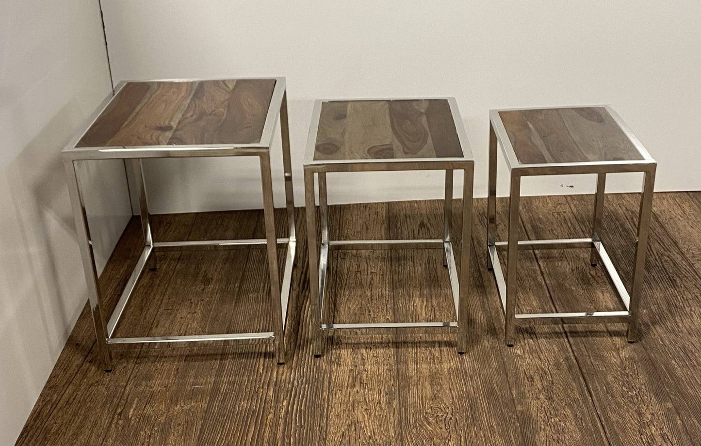Set of Three 21" Silver And Brown Solid Wood Nested Tables - Loft&Timber
