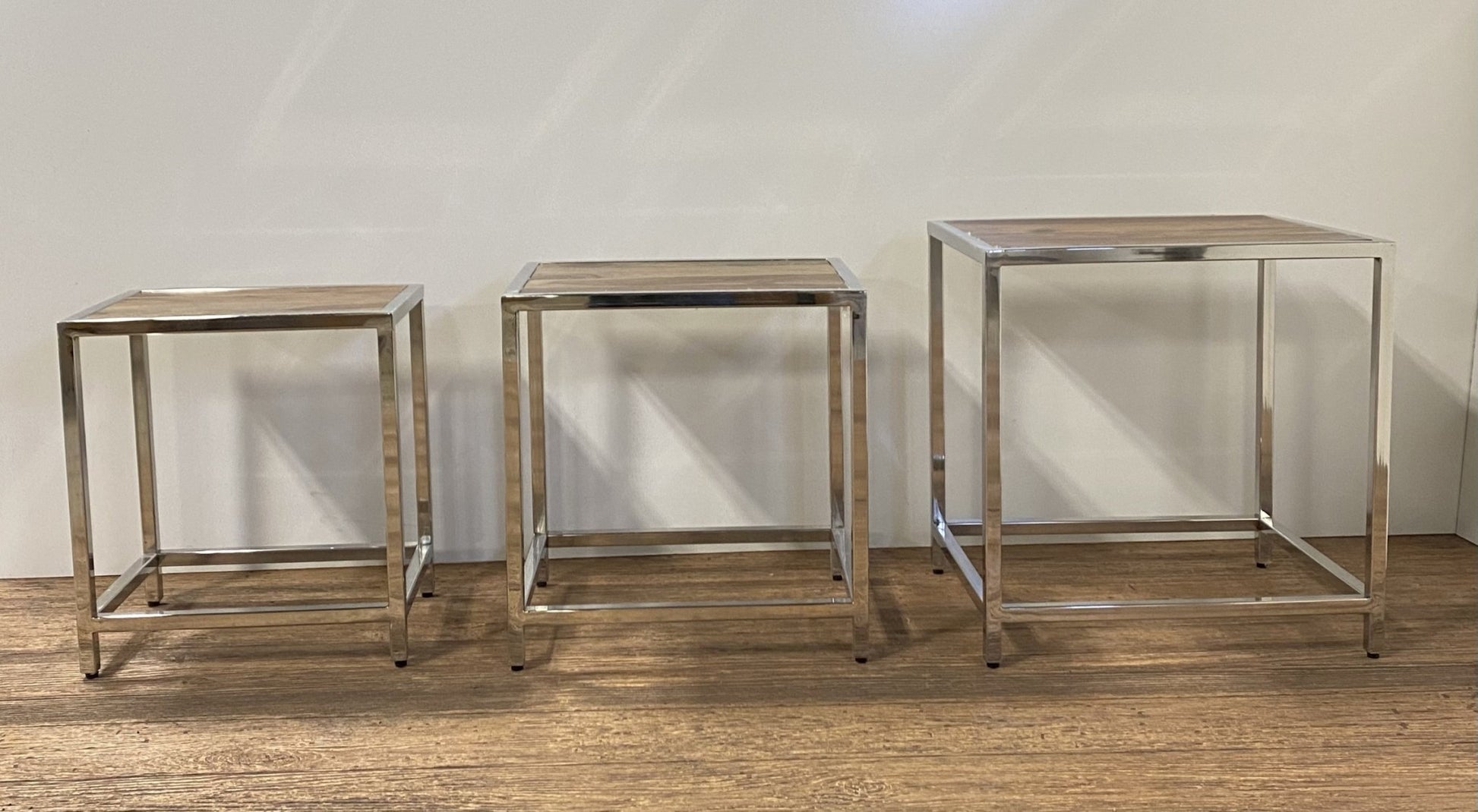 Set of Three 21" Silver And Brown Solid Wood Nested Tables - Loft&Timber