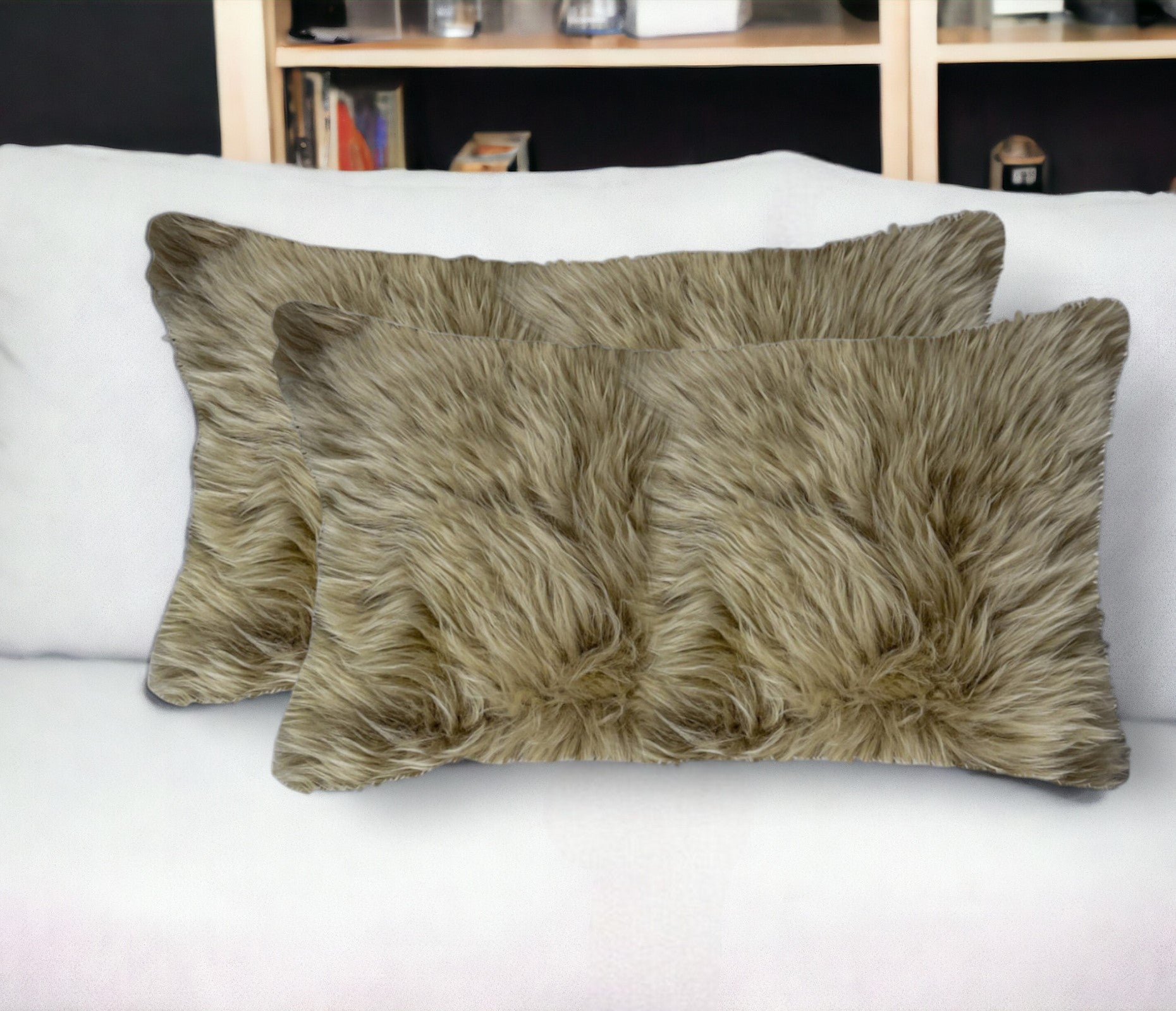Set of Two 12" X 20" Taupe Sheepskin Lumbar Throw Pillows - Loft&Timber