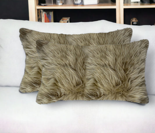Set of Two 12" X 20" Taupe Sheepskin Lumbar Throw Pillows - Loft&Timber