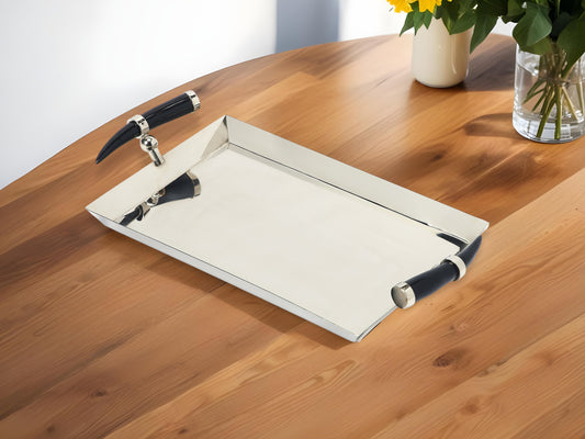 19" Silver Stainless Steel Serving Tray With Horn Handles - Loft&Timber