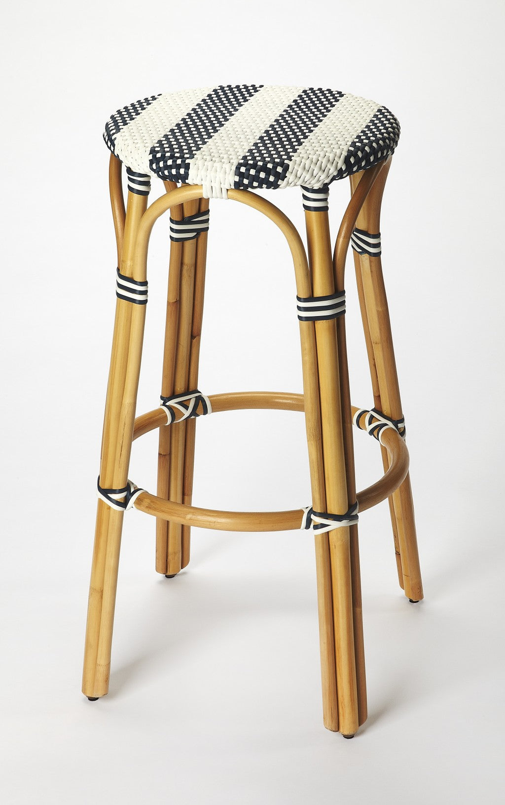 30" Blue and White and Natural Heavy Duty Rattan Backless Bar Height Bar Chair - Loft&Timber