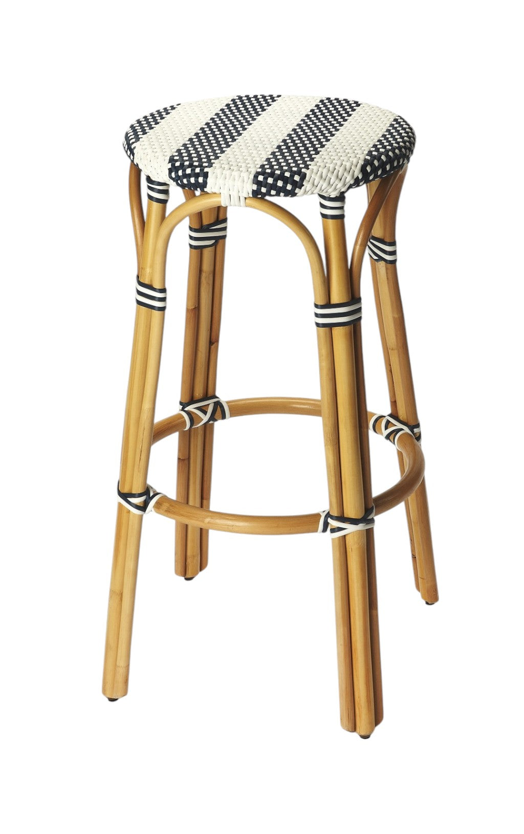30" Blue and White and Natural Heavy Duty Rattan Backless Bar Height Bar Chair - Loft&Timber