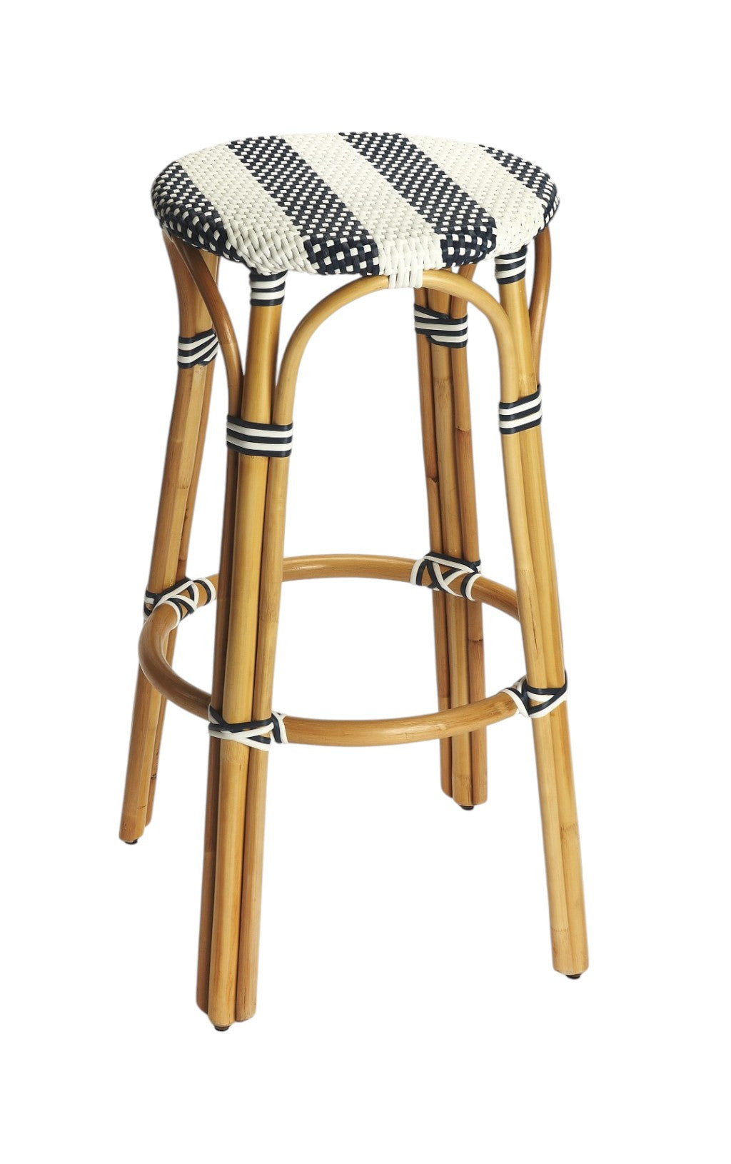 30" Blue and White and Natural Heavy Duty Rattan Backless Bar Height Bar Chair - Loft&Timber