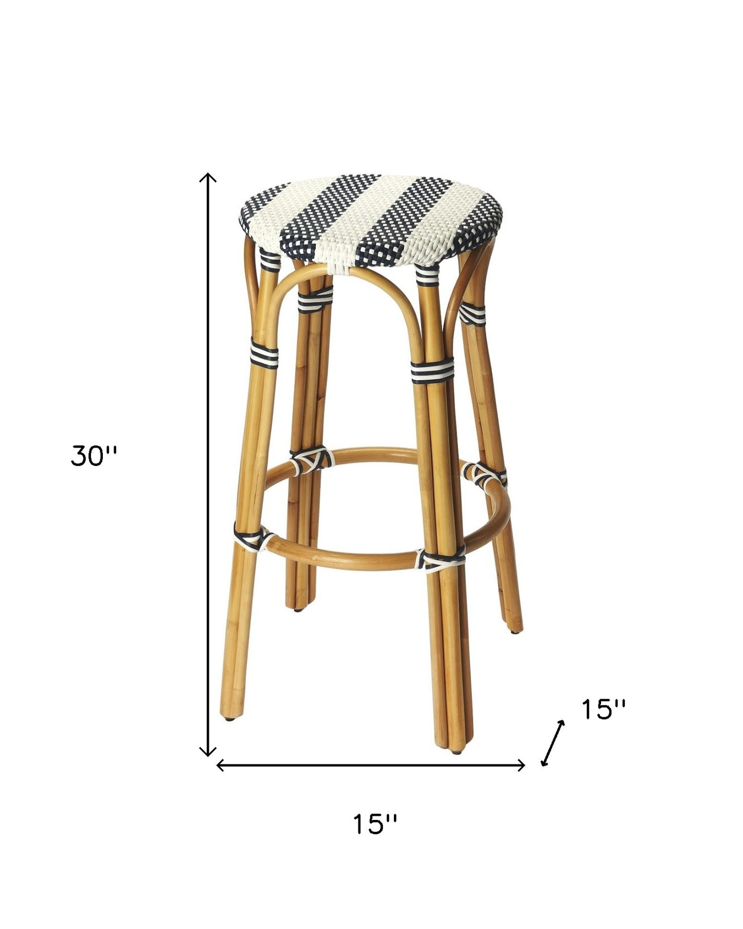 30" Blue and White and Natural Heavy Duty Rattan Backless Bar Height Bar Chair - Loft&Timber