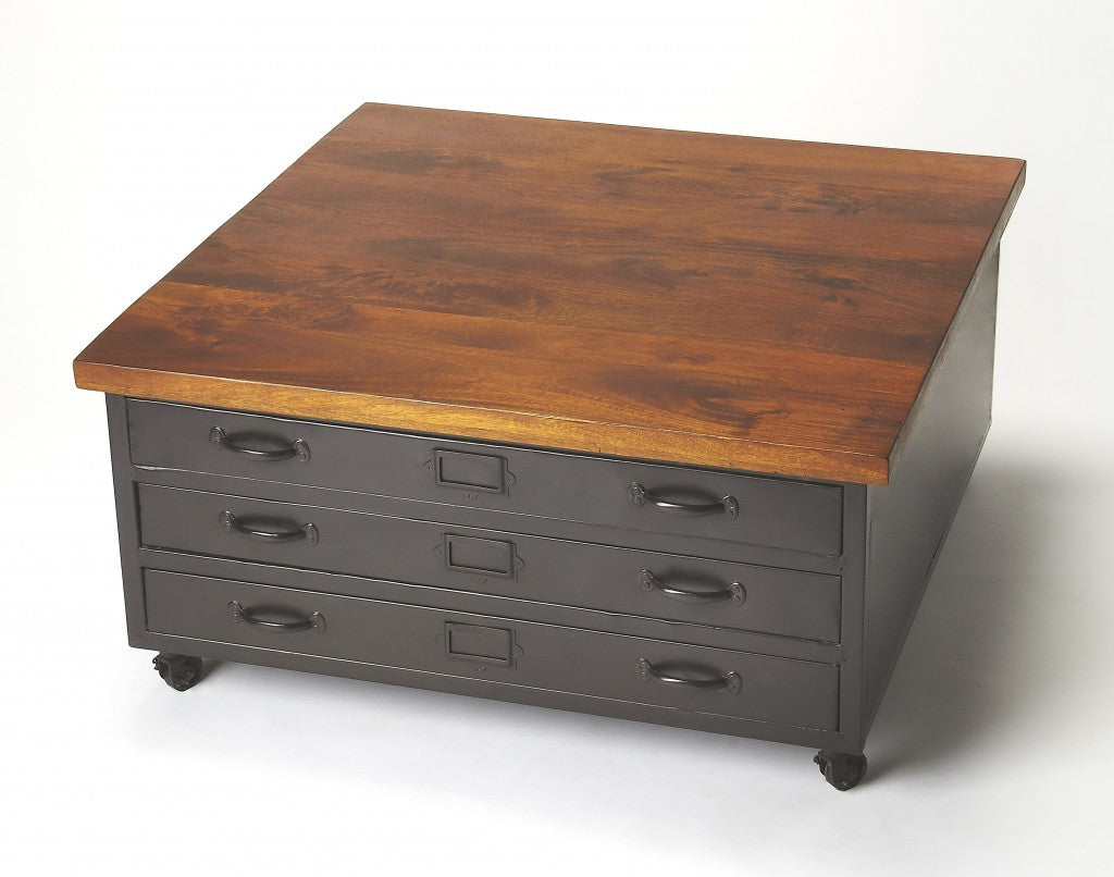36" Brown and Gray Solid Wood and Metal Square Coffee Table With Three Drawers - Loft&Timber