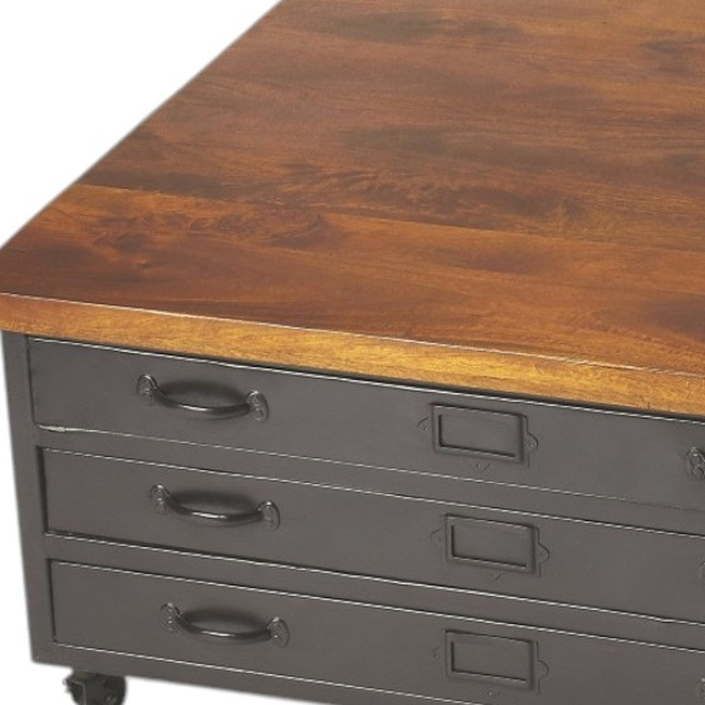 36" Brown and Gray Solid Wood and Metal Square Coffee Table With Three Drawers - Loft&Timber
