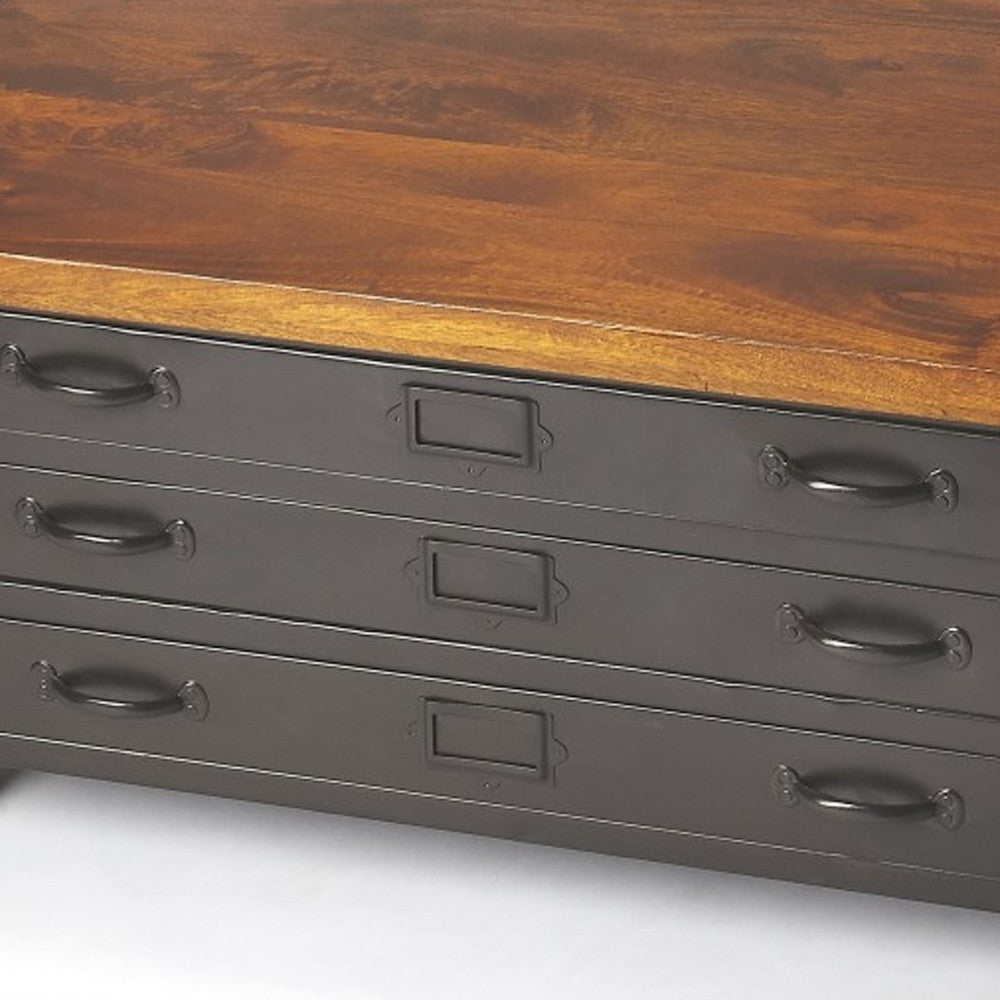 36" Brown and Gray Solid Wood and Metal Square Coffee Table With Three Drawers - Loft&Timber