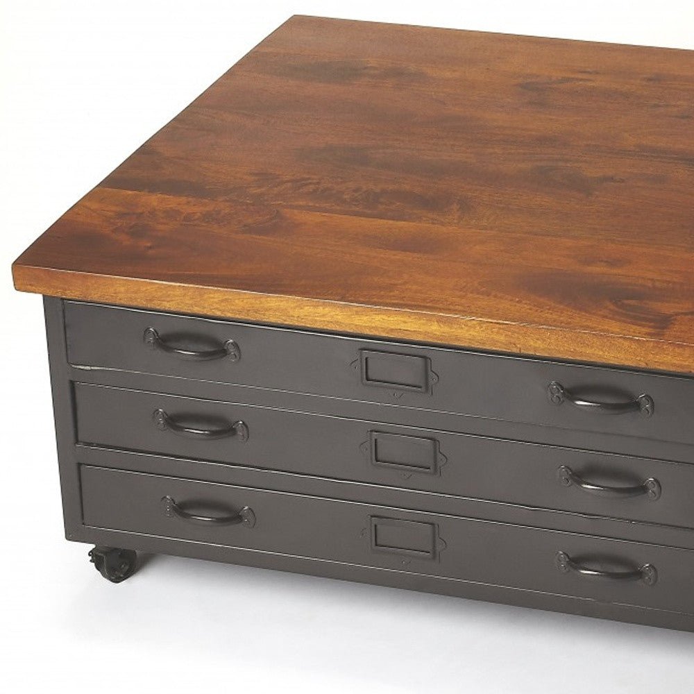 36" Brown and Gray Solid Wood and Metal Square Coffee Table With Three Drawers - Loft&Timber