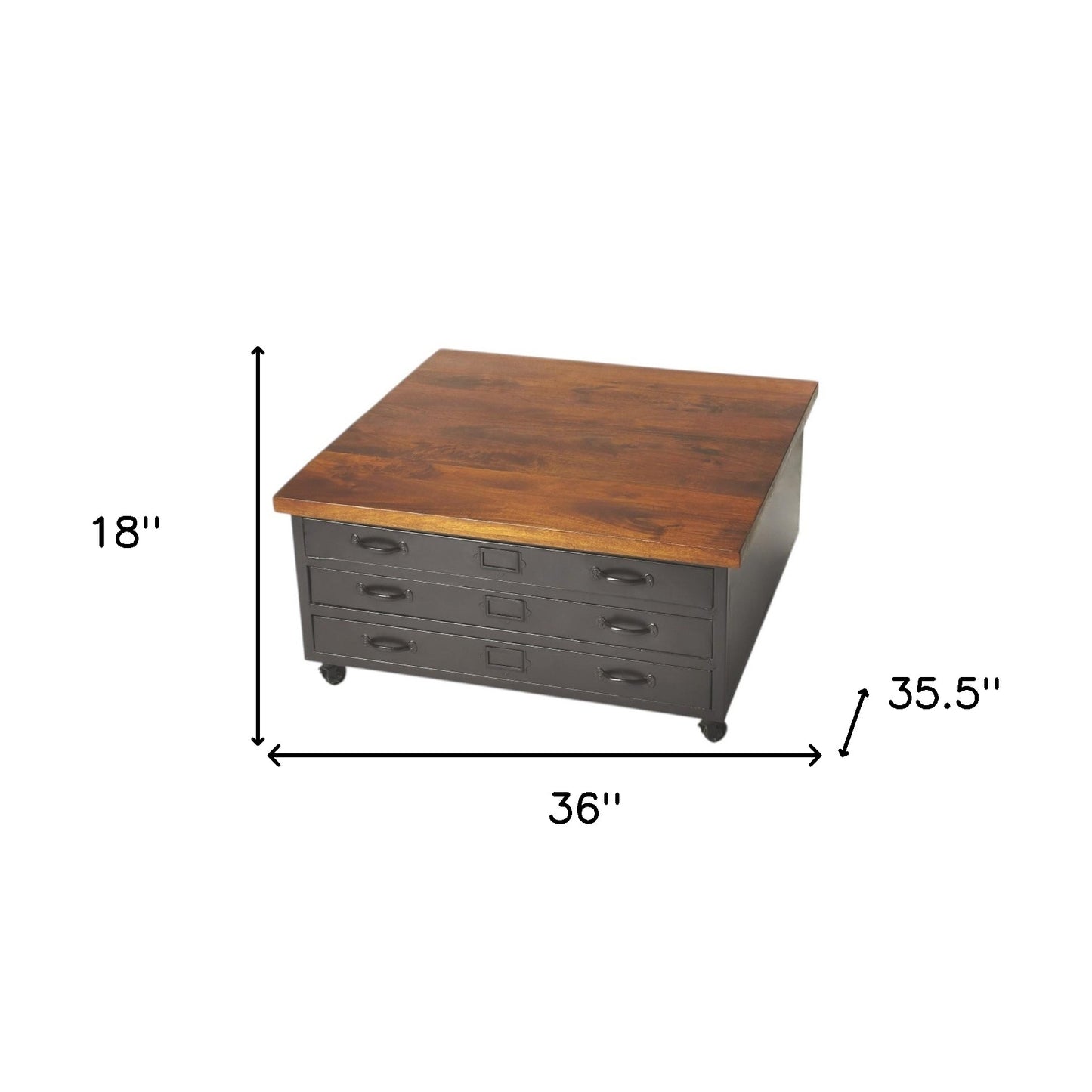 36" Brown and Gray Solid Wood and Metal Square Coffee Table With Three Drawers - Loft&Timber
