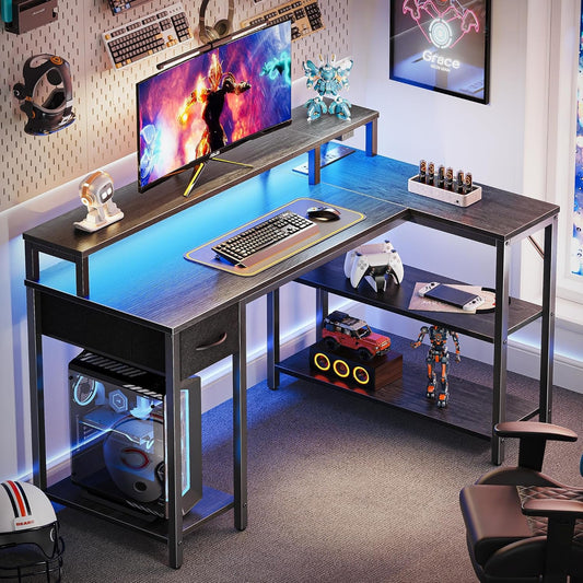 47 Inch Reversible L Shaped Desk with LED Lights & Power Outlets, Computer Desk with Shelves & Monitor Stand, Gaming Desk with Drawer, Home Office Desk Corner Desk, Grey-1