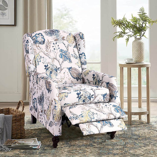 Upholstered Wingback Recliner Chair, Padded, Blue Floral - Loft&Timber