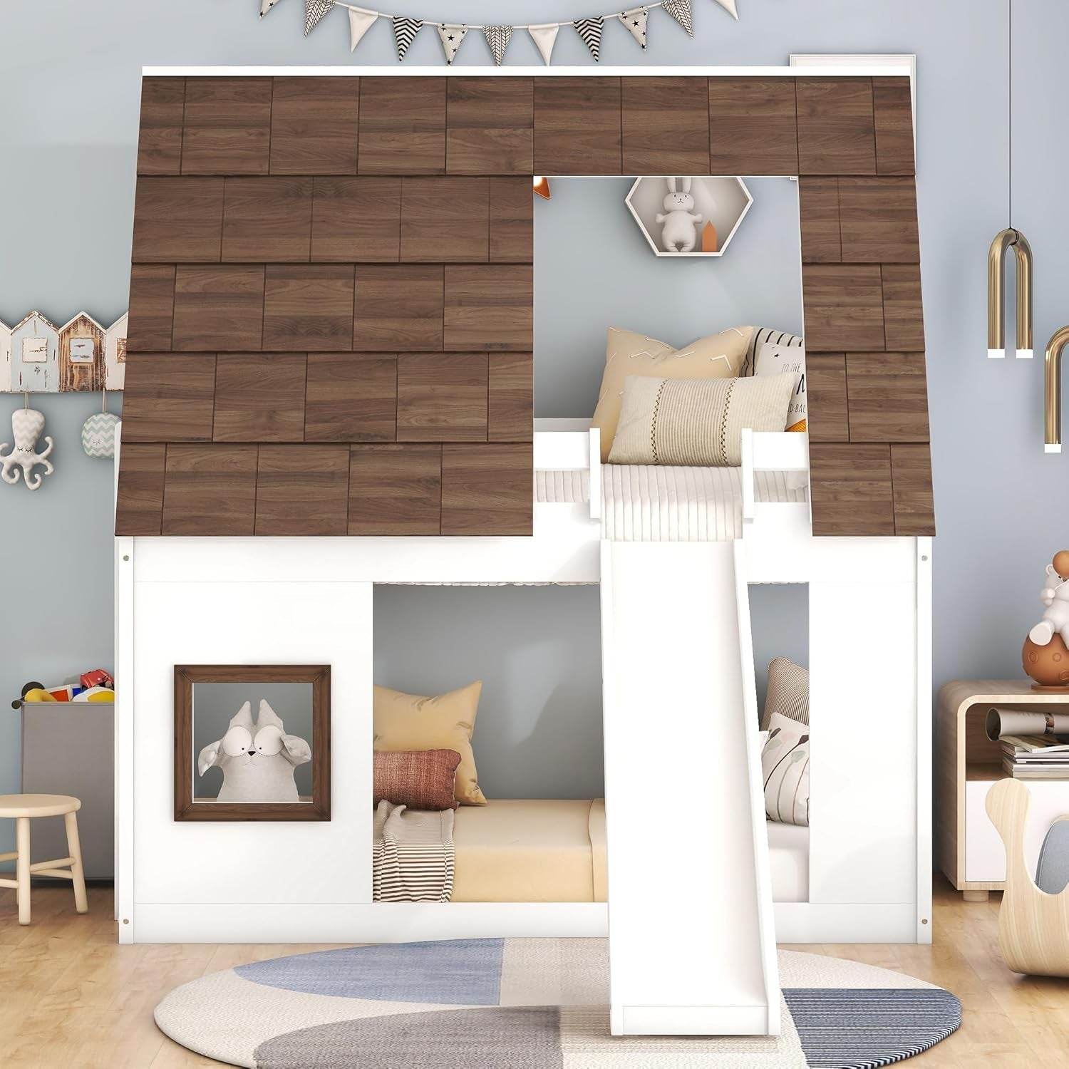 Bunk Bed Twin over Twin, Bunk Bed with Slides and Stairs, House Bunk Bed with Roof, Twin Bunk Bed for Kids, Teens, Kids Bunk Beds, White+Brown - Loft&Timber