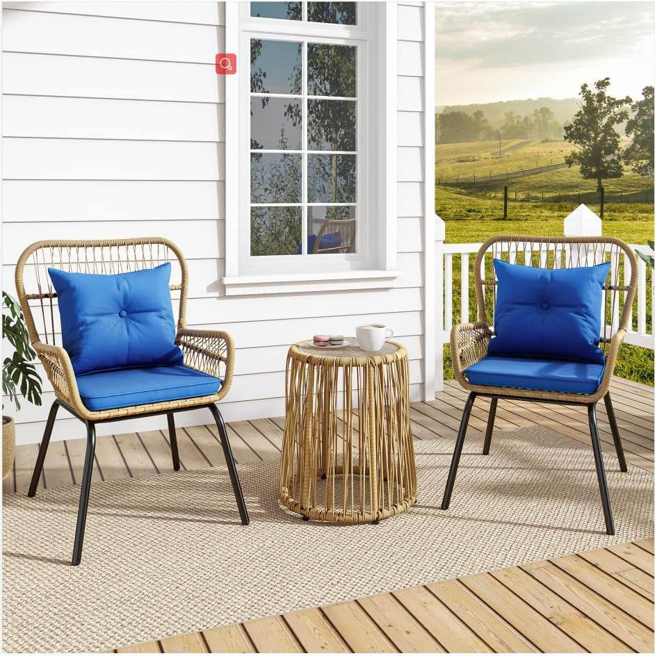 3-Piece Outdoor Patio Furniture Wicker Bistro Set, All-Weather Rattan Conversation Chairs for Backyard, Balcony and Deck with Soft Cushions, Glass Side Table (Light Brown+Navy Blue) - Loft&Timber