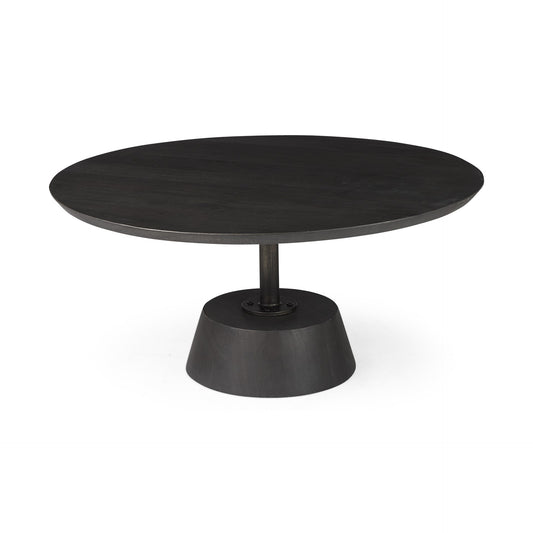 32" Dark Brown and Black Solid Wood and Iron Round Pedestal Coffee Table - Loft&Timber