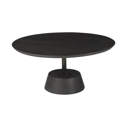 32" Dark Brown and Black Solid Wood and Iron Round Pedestal Coffee Table - Loft&Timber