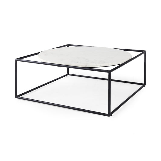 36" White and Black Genuine Marble and Metal Square Frame Coffee Table - Loft&Timber