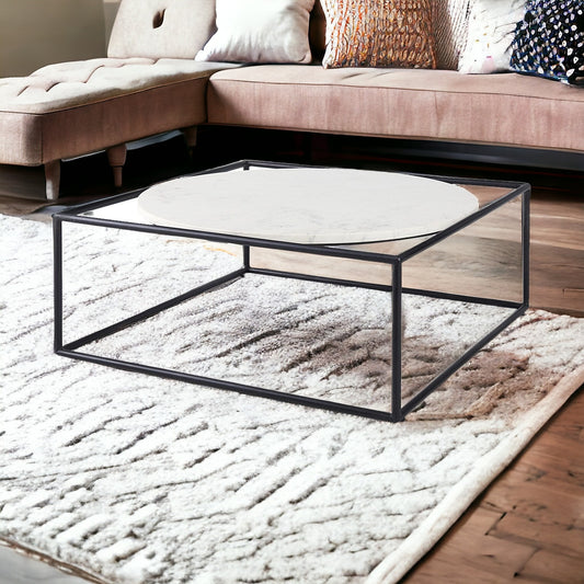 36" White and Black Genuine Marble and Metal Square Frame Coffee Table - Loft&Timber