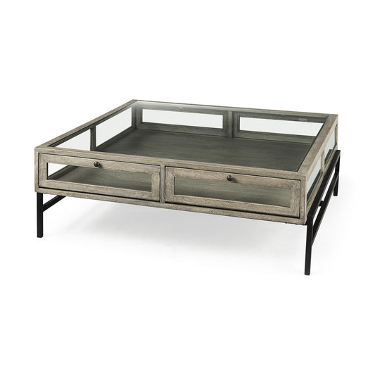 42" Gray and Black Glass and Metal Square Coffee Table With Shelf - Loft&Timber