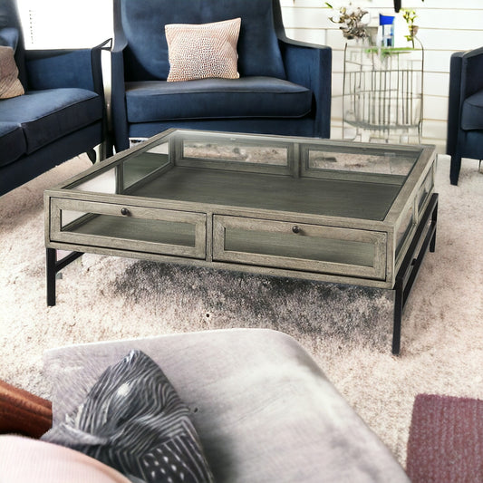 42" Gray and Black Glass and Metal Square Coffee Table With Shelf - Loft&Timber