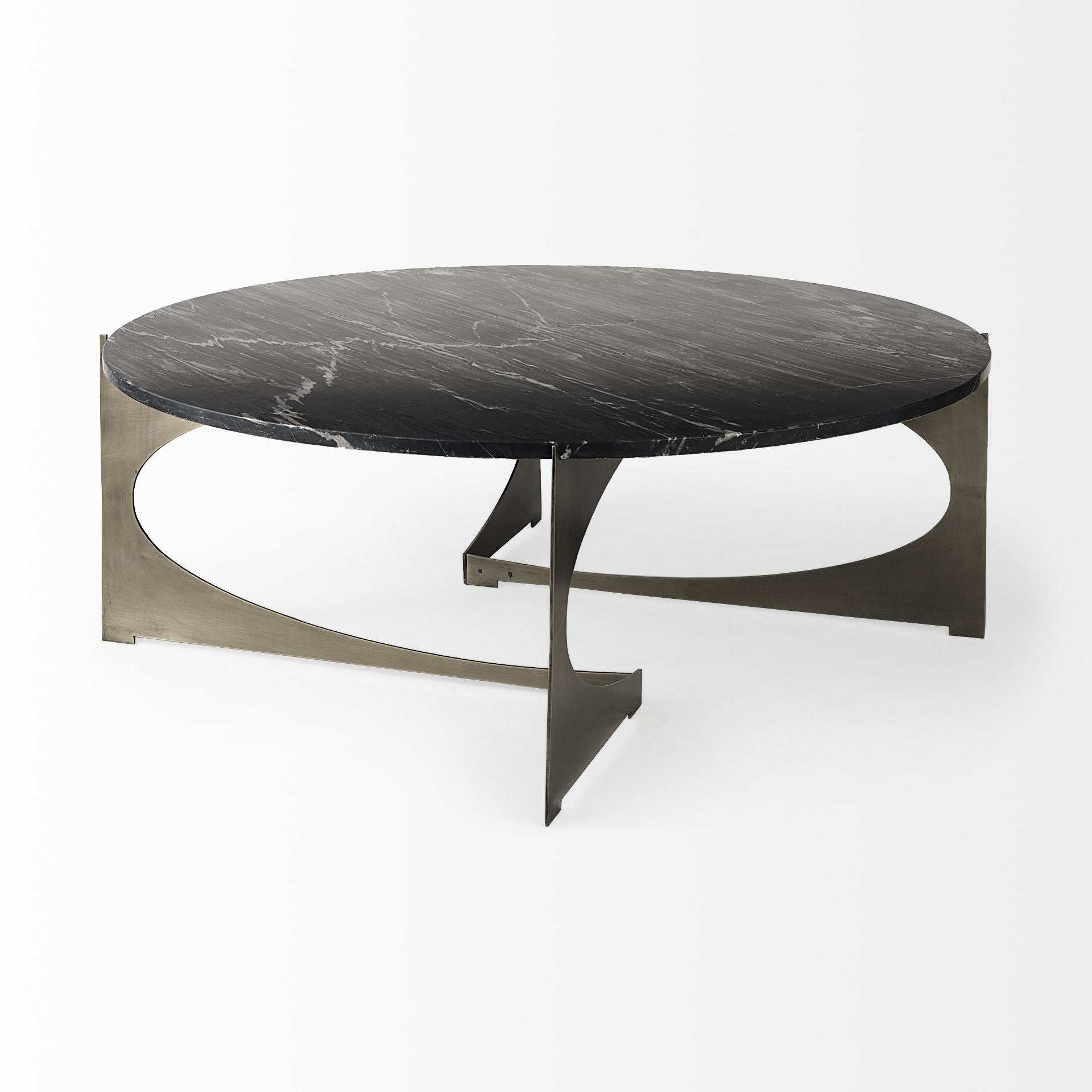 48" Black and Gold Genuine Marble and Iron Round Coffee Table - Loft&Timber