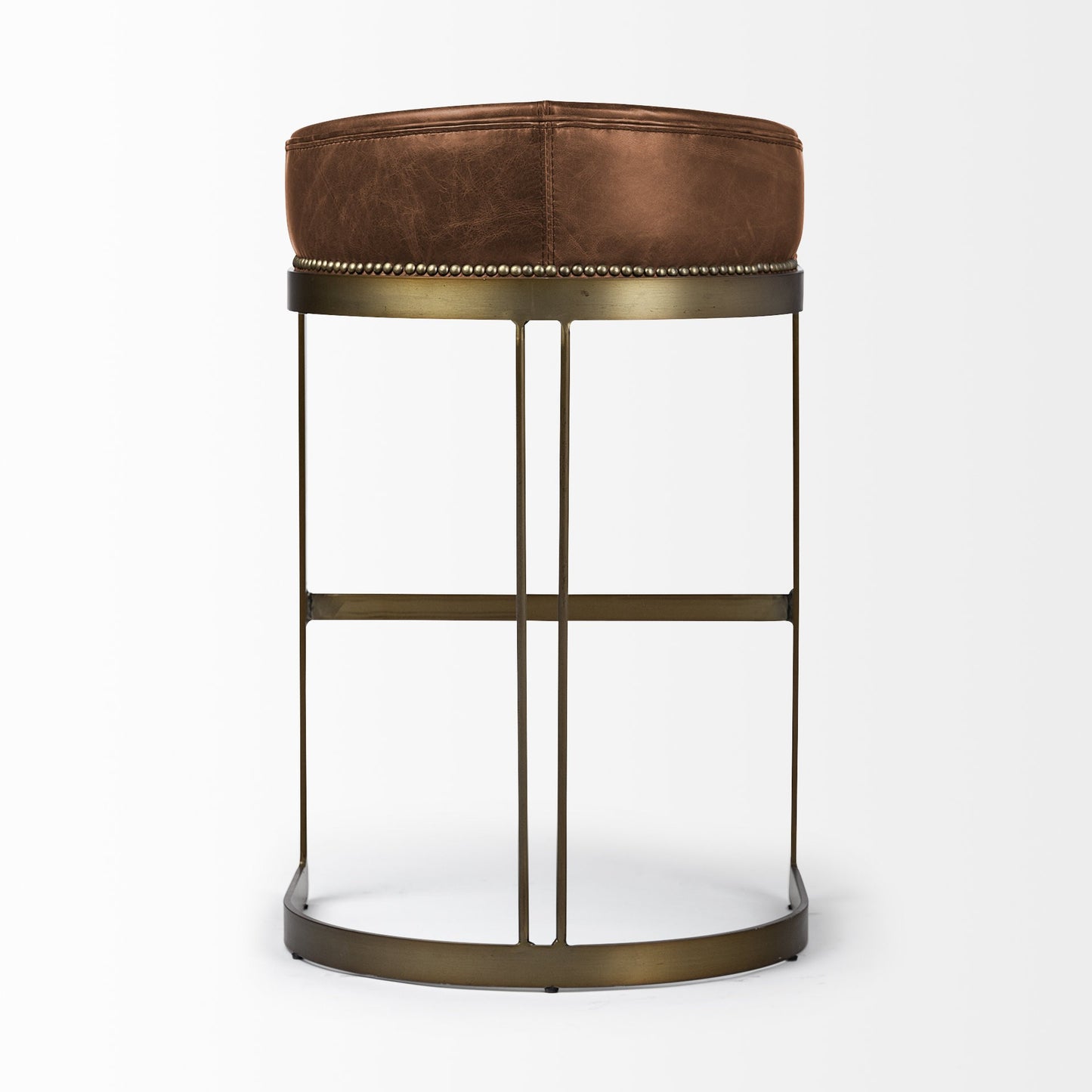 29" Brown Leather And Antiqued Brass Metal Low Back Bar Height Bar Chair - Loft&Timber