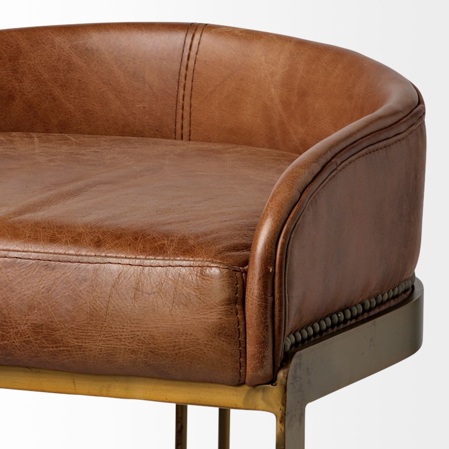 29" Brown Leather And Antiqued Brass Metal Low Back Bar Height Bar Chair - Loft&Timber