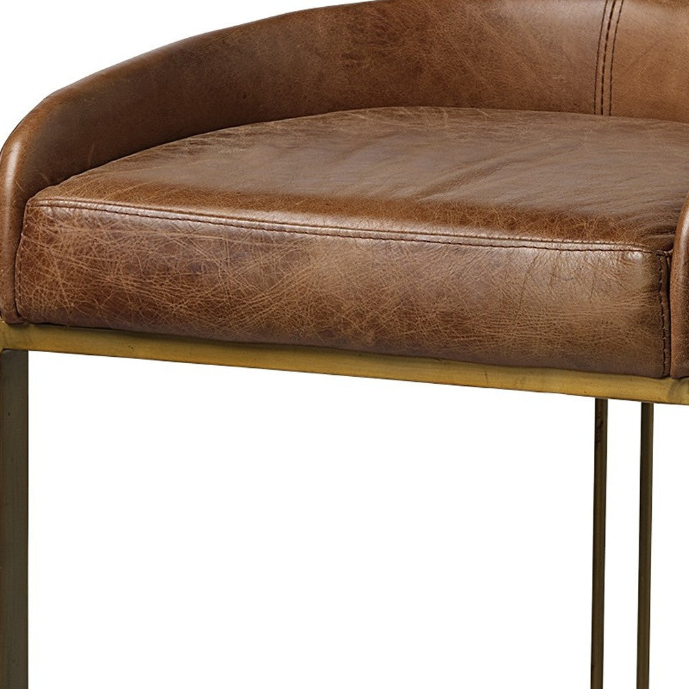 29" Brown Leather And Antiqued Brass Metal Low Back Bar Height Bar Chair - Loft&Timber