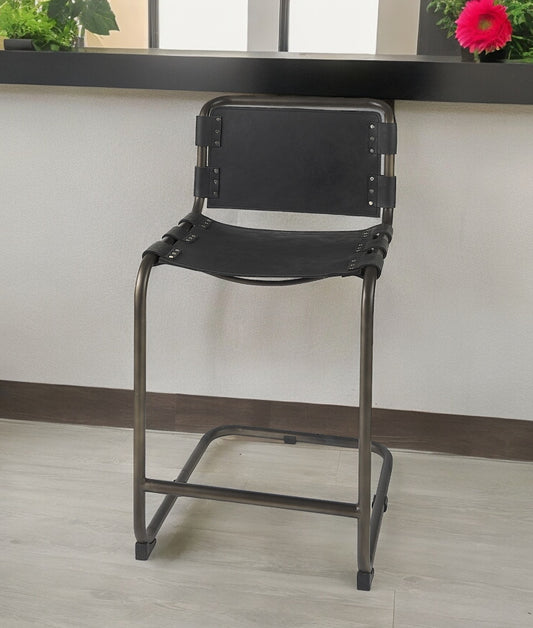 29" Black Leather And Iron Bar Chair - Loft&Timber