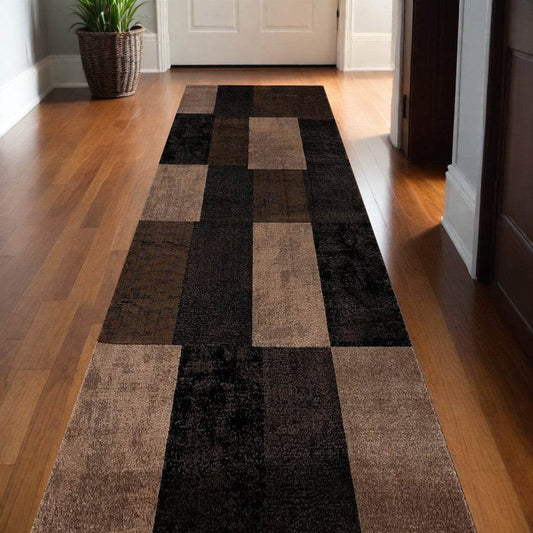 13' Brown And Black Geometric Shag Runner Rug - Loft&Timber