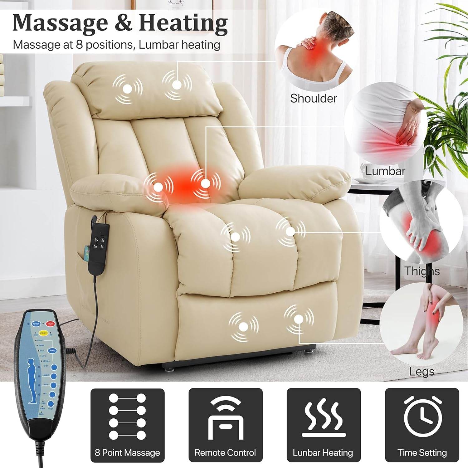 Dual Motor Large Power Lift Recliner Chair Recliners for Elderly, Infinite Position Recliner Chair with Heat and Massage, Breathable Leather(Beige) - Loft&Timber