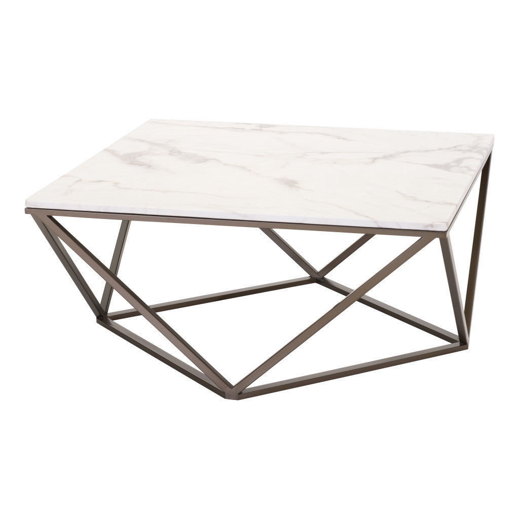 36" White and Antiqued Brass Faux Marble And Steel Square Abstract Coffee Table - Loft&Timber