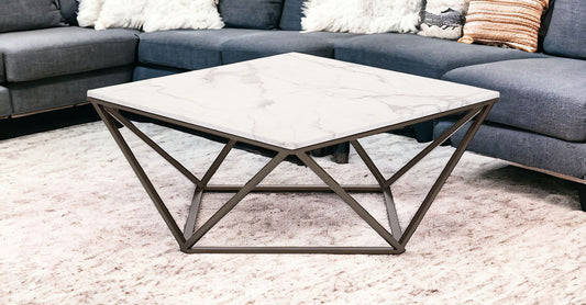 36" White and Antiqued Brass Faux Marble And Steel Square Abstract Coffee Table - Loft&Timber