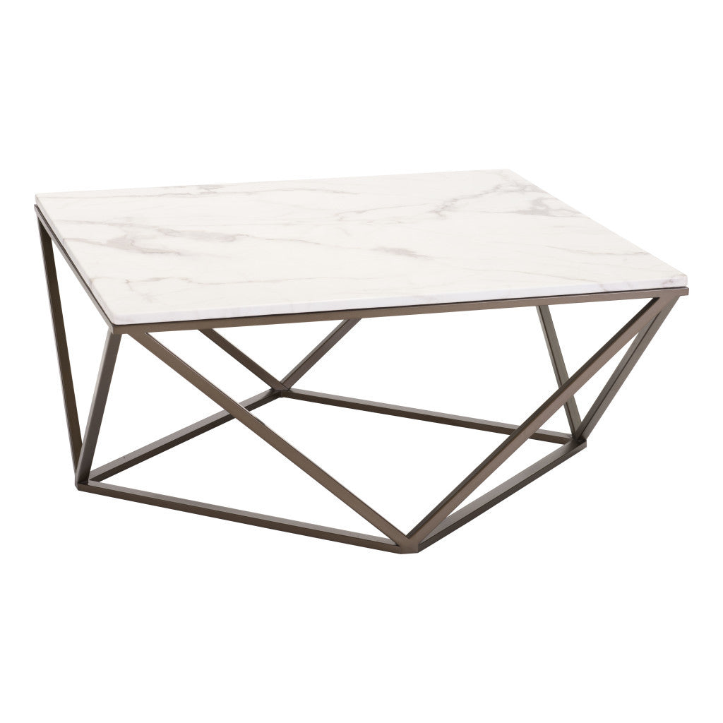 36" White and Antiqued Brass Faux Marble And Steel Square Abstract Coffee Table - Loft&Timber