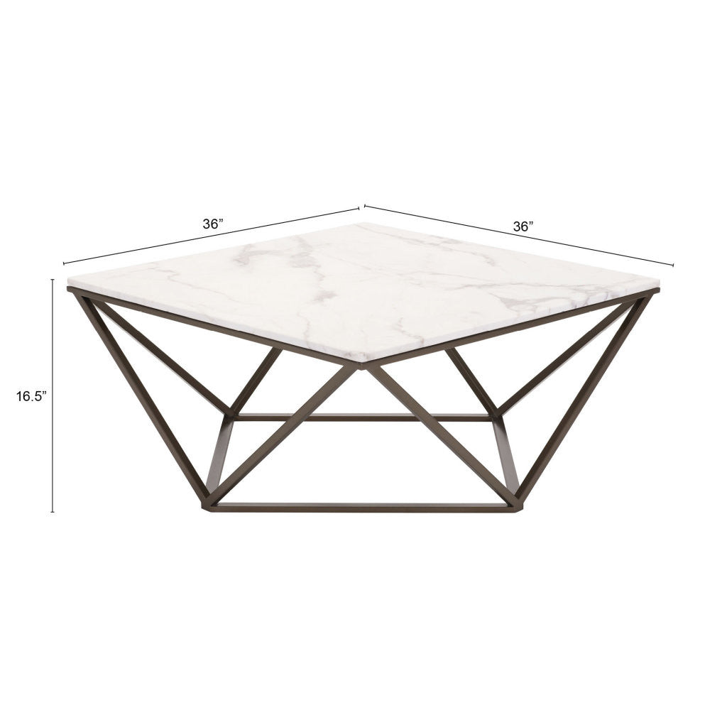 36" White and Antiqued Brass Faux Marble And Steel Square Abstract Coffee Table - Loft&Timber