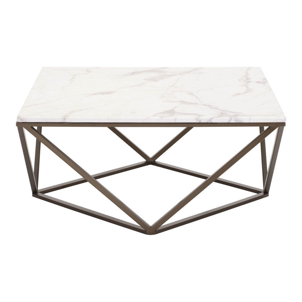 36" White and Antiqued Brass Faux Marble And Steel Square Abstract Coffee Table - Loft&Timber