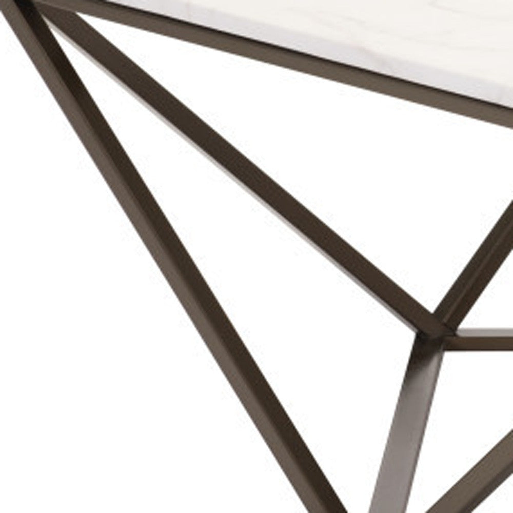 36" White and Antiqued Brass Faux Marble And Steel Square Abstract Coffee Table - Loft&Timber