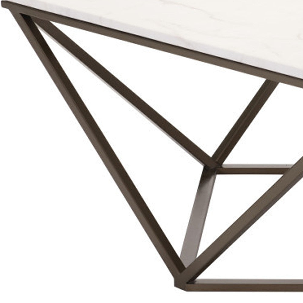 36" White and Antiqued Brass Faux Marble And Steel Square Abstract Coffee Table - Loft&Timber