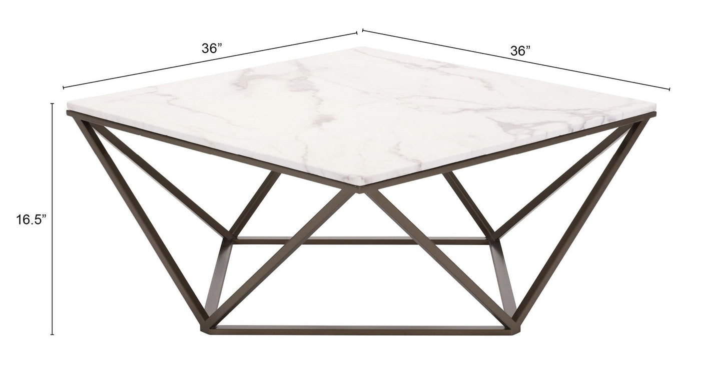 36" White and Antiqued Brass Faux Marble And Steel Square Abstract Coffee Table - Loft&Timber
