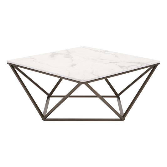 36" White and Antiqued Brass Faux Marble And Steel Square Abstract Coffee Table - Loft&Timber