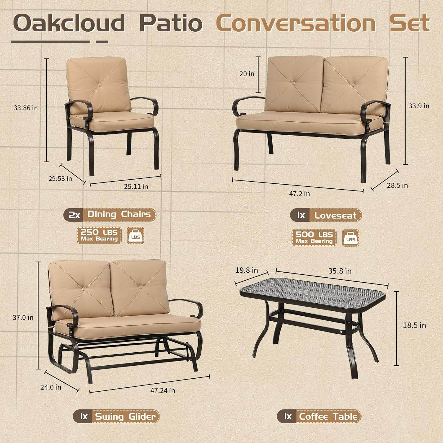 Five Piece Outdoor Metal Patio Furniture Conversation Set - Loft&Timber