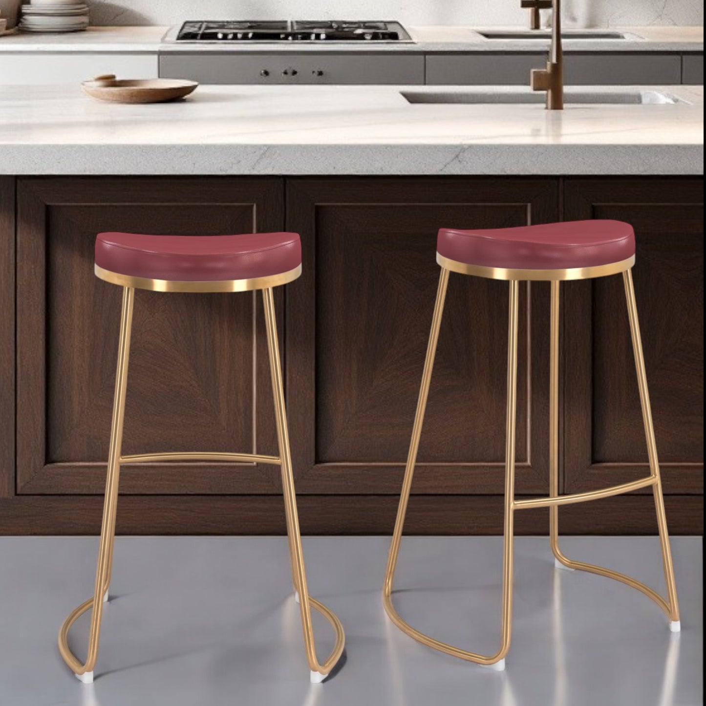 Set of Two 31" Burgundy And Gold Steel Backless Bar Height Bar Chairs - Loft&Timber
