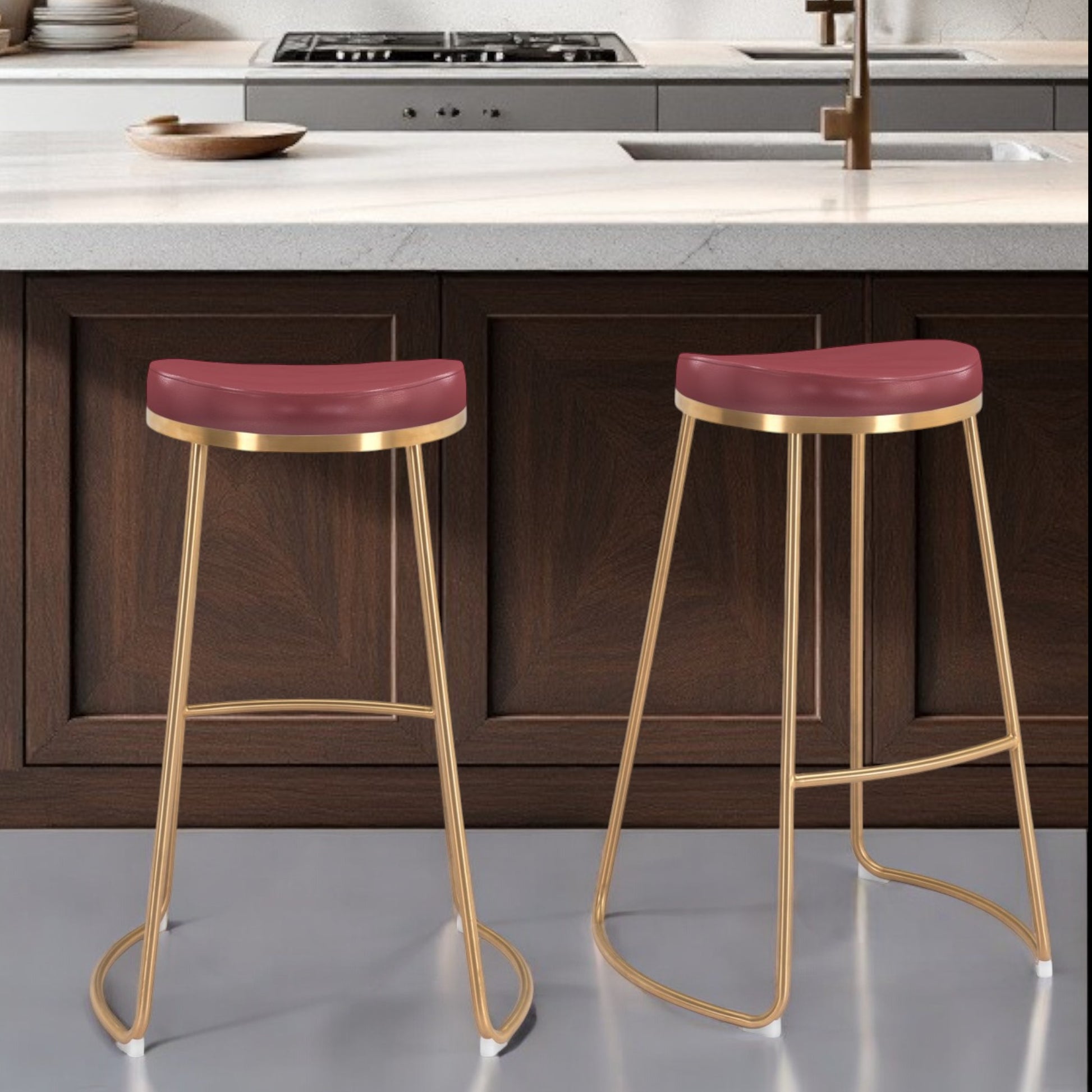 Set of Two 31" Burgundy And Gold Steel Backless Bar Height Bar Chairs - Loft&Timber