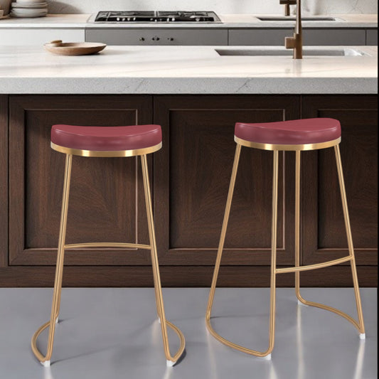 Set of Two 31" Burgundy And Gold Steel Backless Bar Height Bar Chairs - Loft&Timber