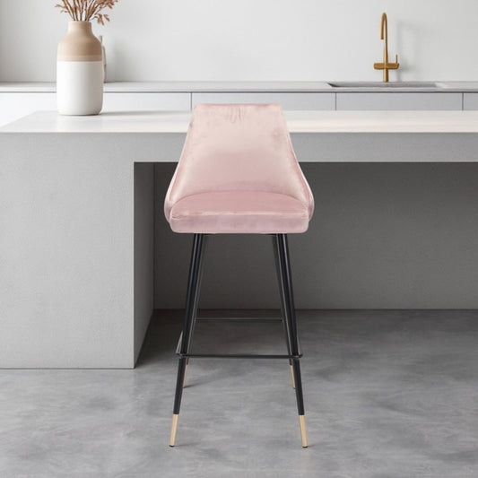 30" Pink And Black Velvet And Steel Bar Height Bar Chair - Loft&Timber